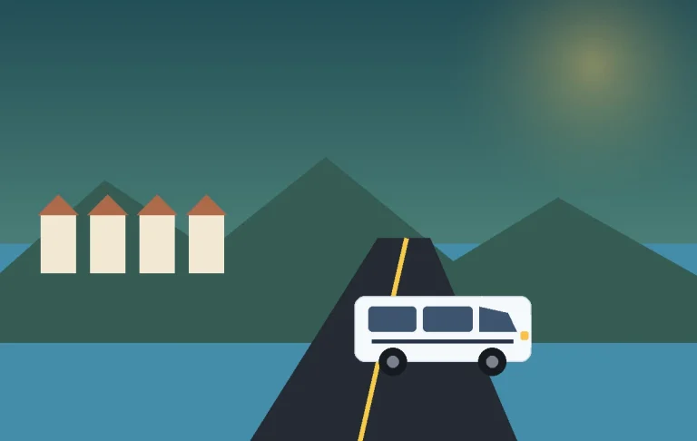 Illustrated mountain and marina transfer route to Kemer